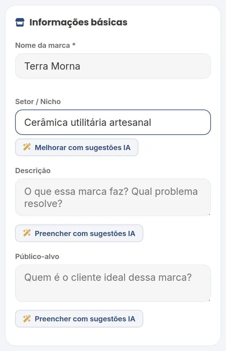 Formulário Nova marca com o nome Terra Morna e o setor cerâmica utilitária artesanal preenchidos