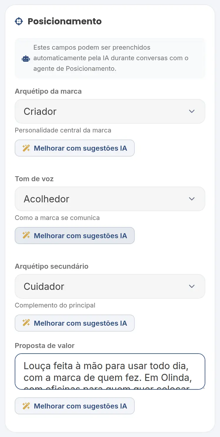 Seção Posicionamento com arquétipo Criador, tom de voz Acolhedor, arquétipo secundário Cuidador e a proposta de valor