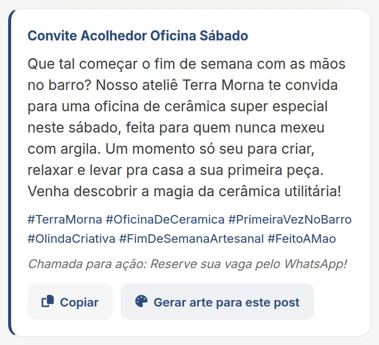 Post gerado com a ficha completa: fala de Olinda, de quem nunca mexeu com barro e da primeira peça, no tom acolhedor