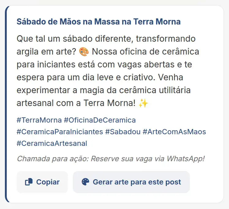 Post gerado com a ficha da Terra Morna só com nome e setor: texto genérico, com emojis e sem lugar