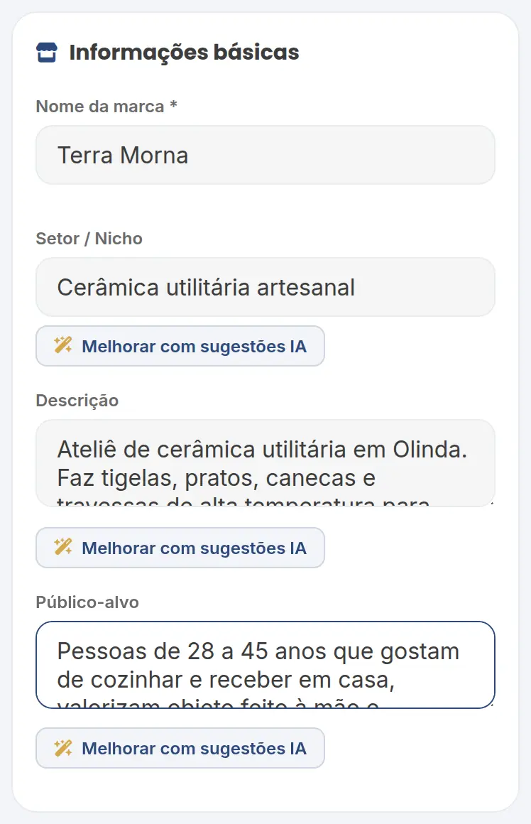 Seção Informações básicas da Terra Morna com descrição e público-alvo preenchidos e o botão Melhorar com sugestões IA