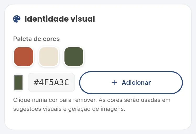 Seção Identidade visual com três cores na paleta e o campo de código da cor com o botão Adicionar