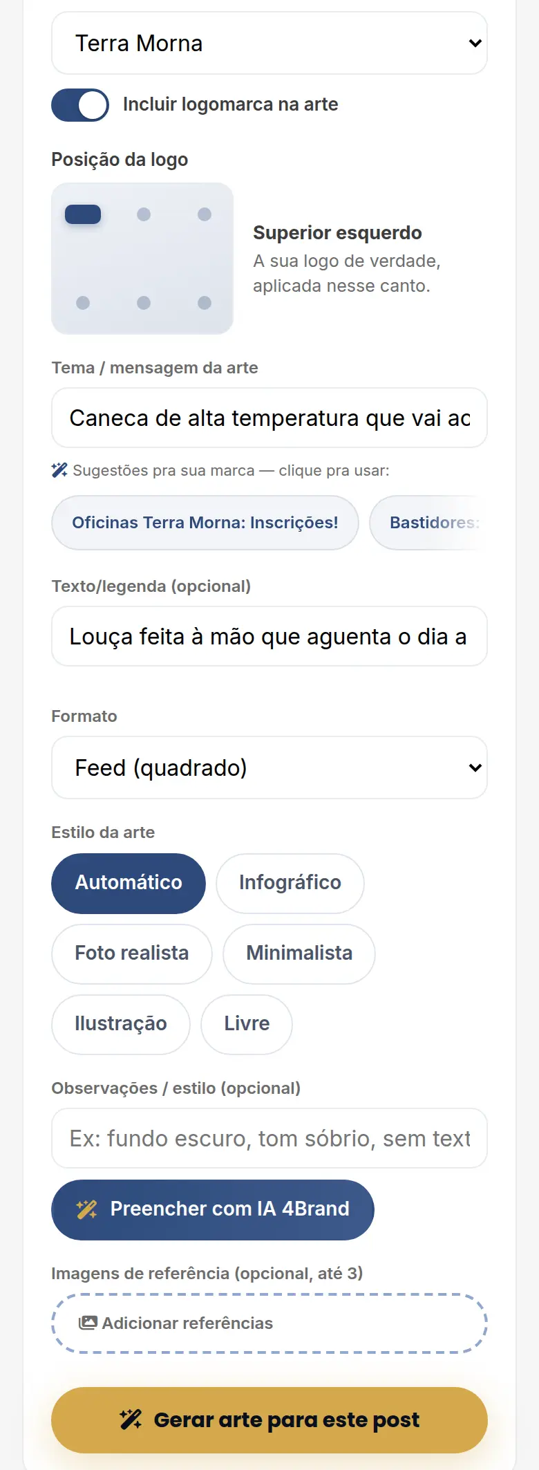 Gerador de Imagens aberto a partir do post, com a marca Terra Morna, a logomarca ligada, o tema e a frase preenchidos