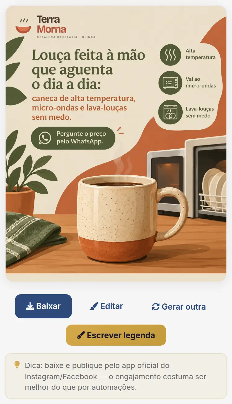 Resultado desta lição: Um post revisado, no tom da sua marca, e a arte dele com as suas cores e a sua logomarca, prontos para publicar.