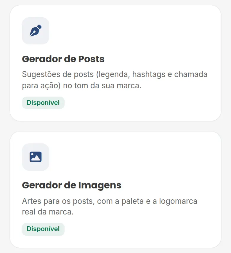 Cards Gerador de Posts e Gerador de Imagens dentro de Criar Conteúdo, ambos disponíveis