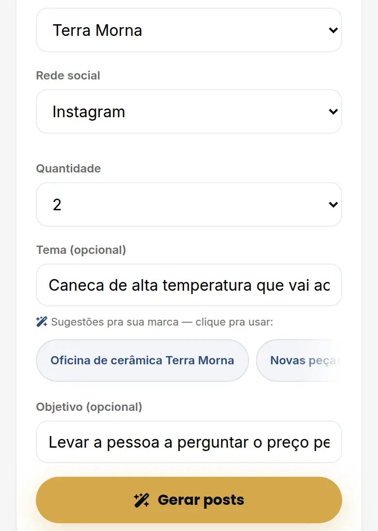 Formulário do Gerador de Posts com a Terra Morna, Instagram, tema e objetivo preenchidos e sugestões de tema abaixo do campo