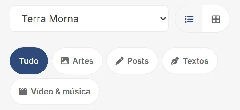 Topo de Meu Conteúdo com o filtro de marca em Terra Morna, a alternância lista ou grade e os filtros de tipo