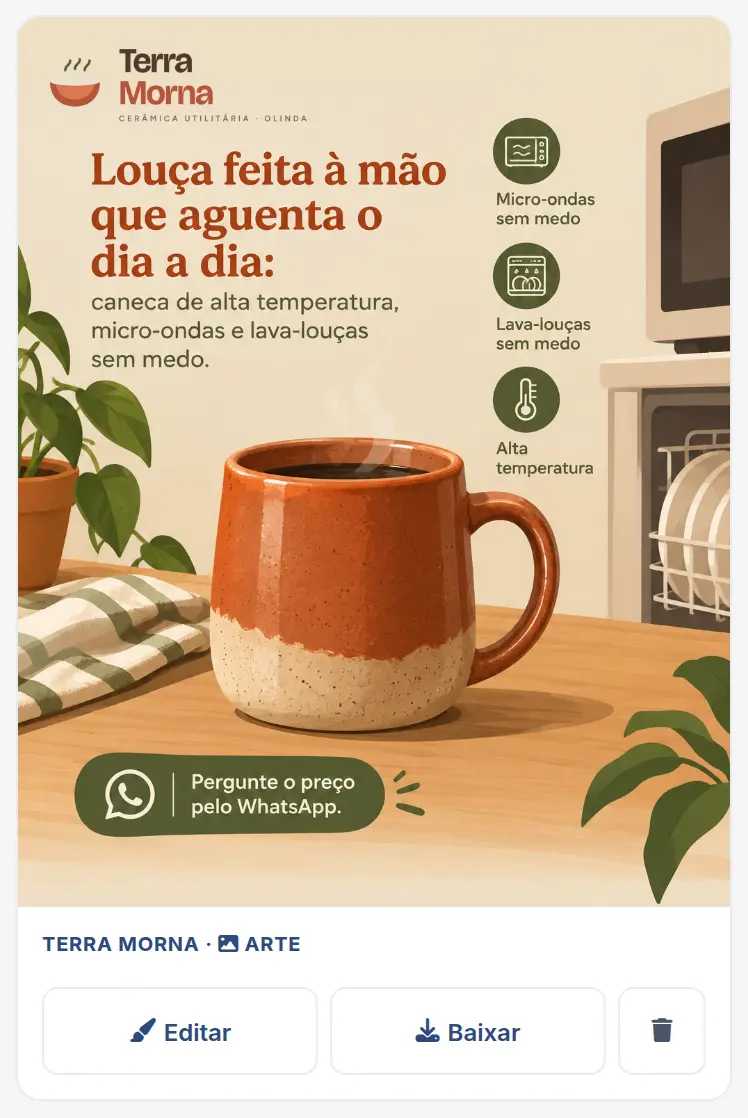 Resultado desta lição: O acervo da sua marca em Meu Conteúdo filtrado e limpo, com uma arte nova feita a partir de um post que já existia.