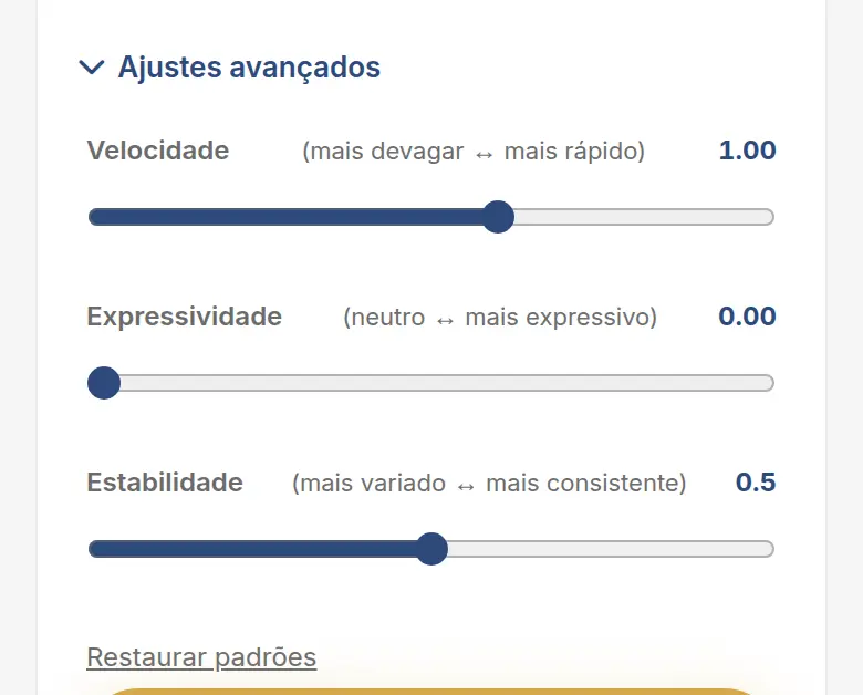 Painel Ajustes avançados aberto, com os controles Velocidade, Expressividade e Estabilidade e o link Restaurar padrões