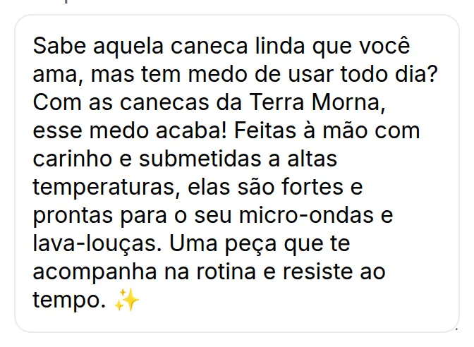 Texto do post da caneca como foi escrito para o feed, com emoji no fim