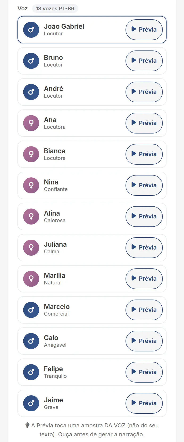 Lista de vozes em português com o cartão de cada uma, o estilo e o botão Prévia