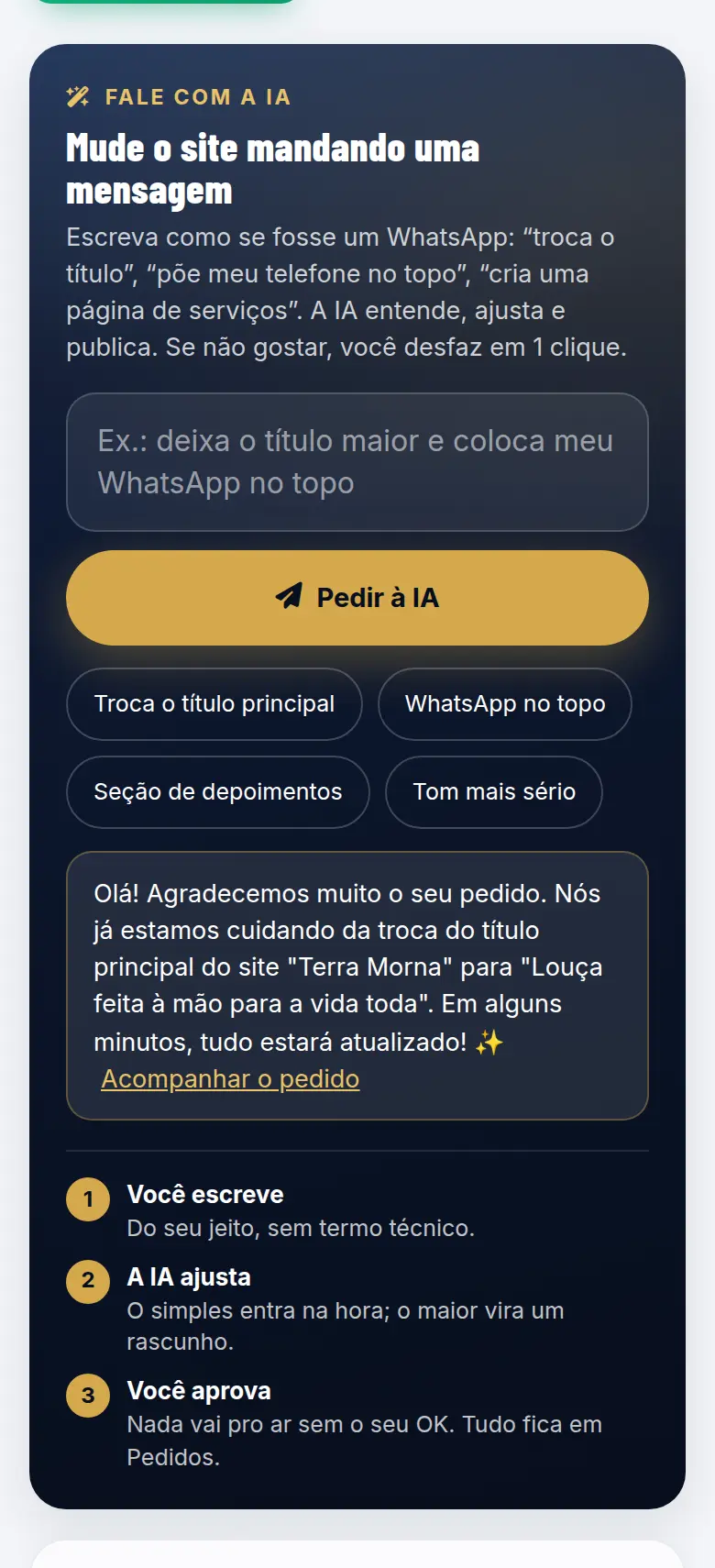 Resposta da IA na caixa Fale com a IA confirmando a troca do título principal, com o link Acompanhar o pedido