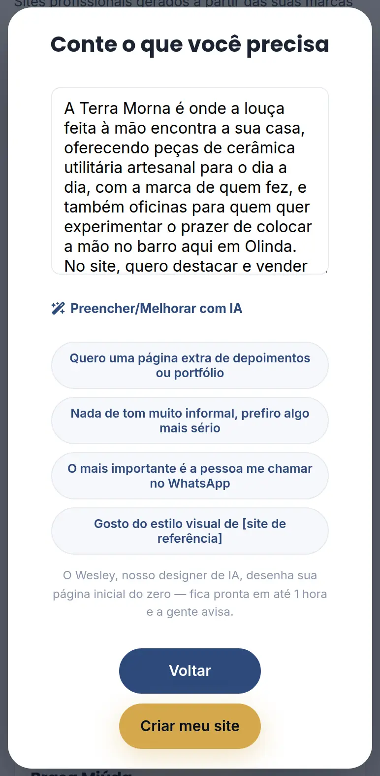 Janela Conte o que você precisa, com o briefing da Terra Morna preenchido pela IA, o botão Preencher ou Melhorar com IA, os atalhos de pedido e o botão Criar meu site