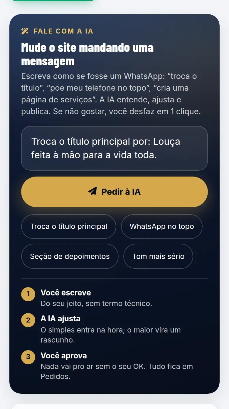 Caixa Fale com a IA com o pedido "Troca o título principal por: Louça feita à mão para a vida toda." escrito, o botão Pedir à IA e os atalhos de pedidos comuns
