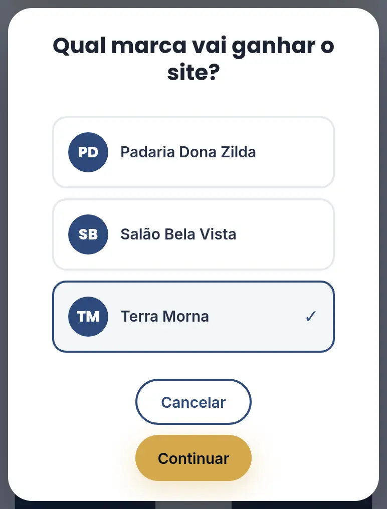 Janela Qual marca vai ganhar o site, com três marcas da conta e Terra Morna selecionada