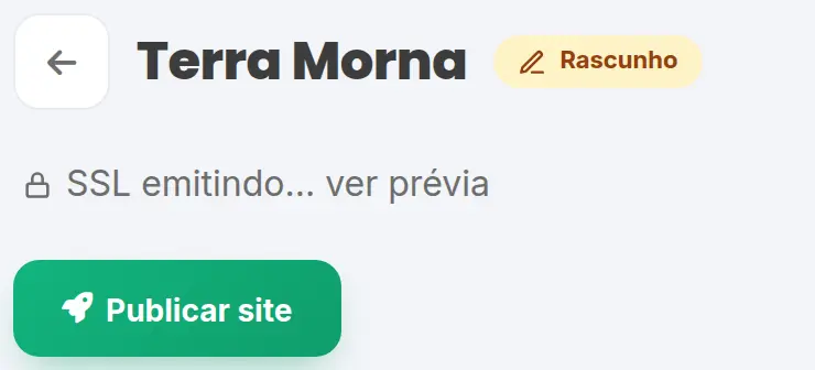 Topo do editor com o nome Terra Morna, o selo Rascunho, o aviso de SSL emitindo e o botão Publicar site