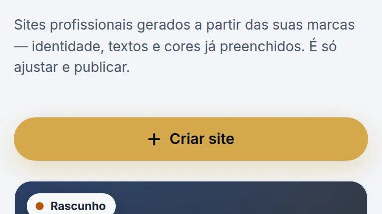 Topo de Meus Sites com o resumo dos sites da conta e o botão Criar site
