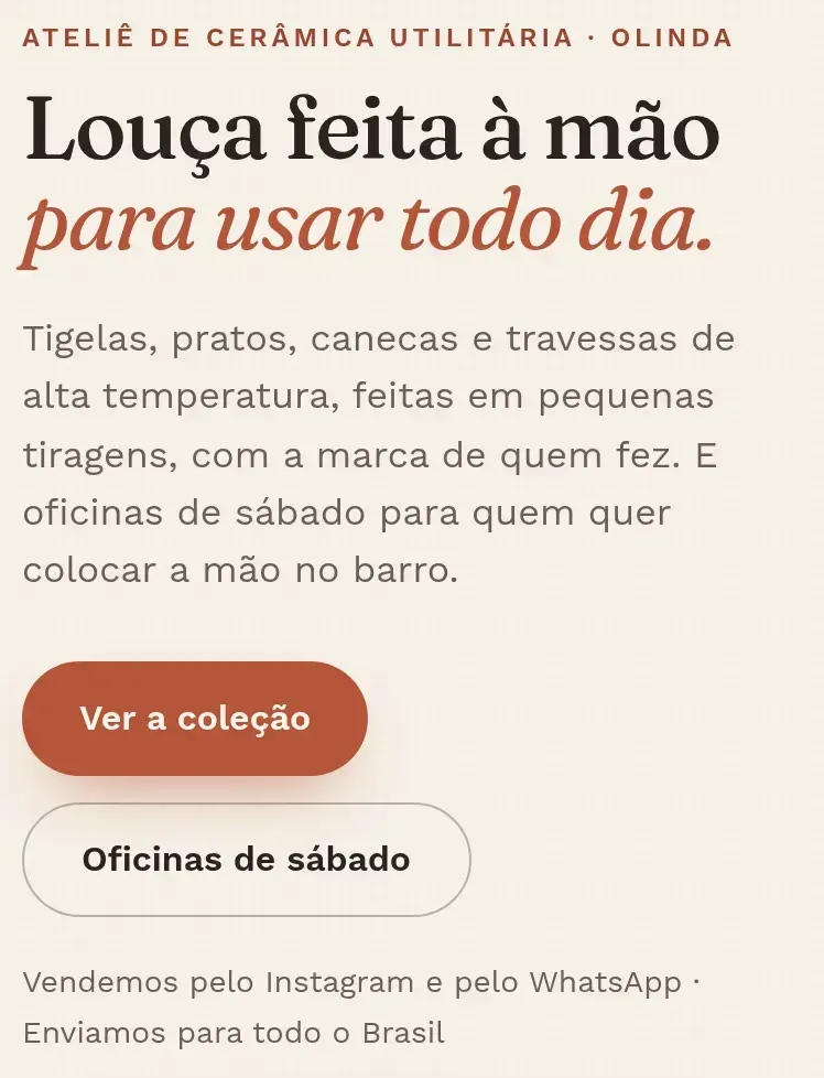 Topo da página da Terra Morna com o título Louça feita à mão para usar todo dia