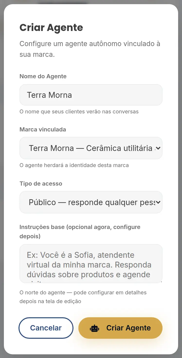 Janela Criar Agente com o nome Terra Morna, a marca Terra Morna selecionada, o tipo de acesso Público e o botão Criar Agente