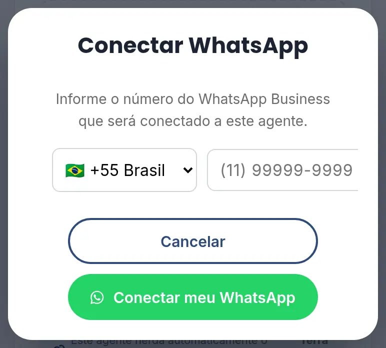 Janela Conectar WhatsApp pedindo o número do WhatsApp Business, com o país +55 Brasil e o botão Conectar meu WhatsApp