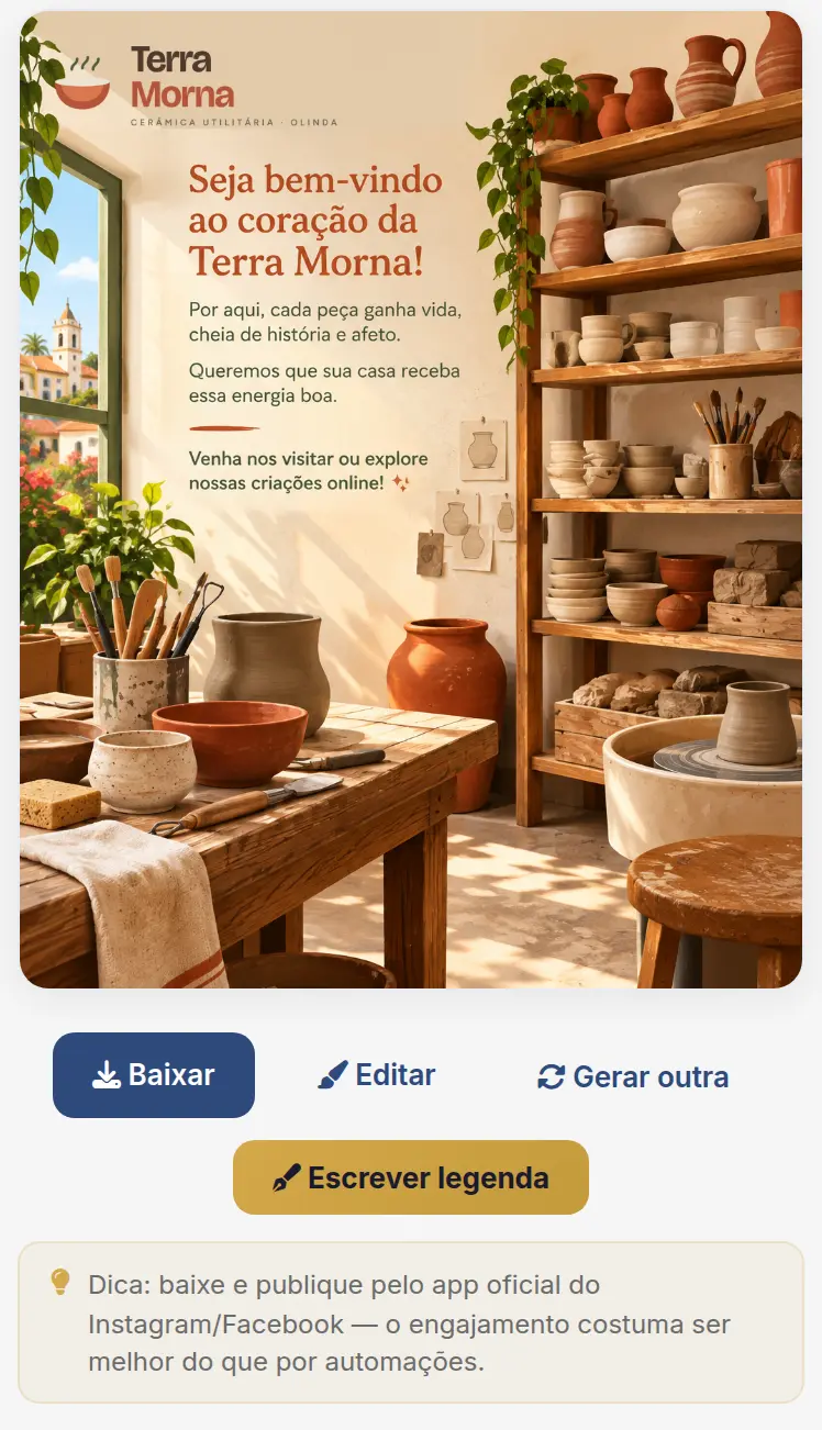 Arte gerada a partir da ideia, com a logomarca da Terra Morna, o ateliê e a frase da legenda