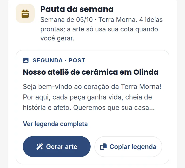 Card Pauta da semana em Criar Conteúdo, com a marca Terra Morna, a semana e a primeira ideia de post, para segunda-feira