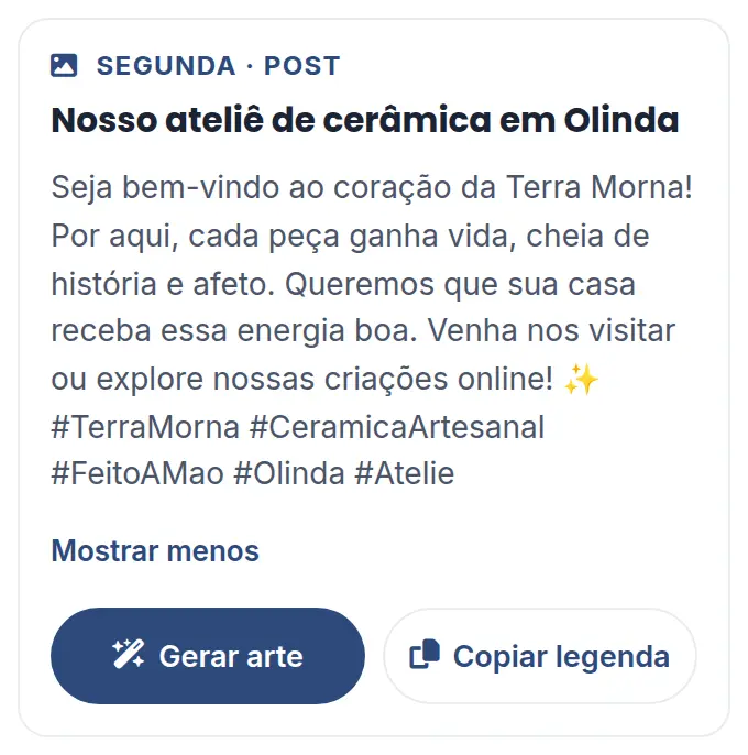 Ideia de post da pauta, com o título Nosso ateliê de cerâmica em Olinda e a legenda completa