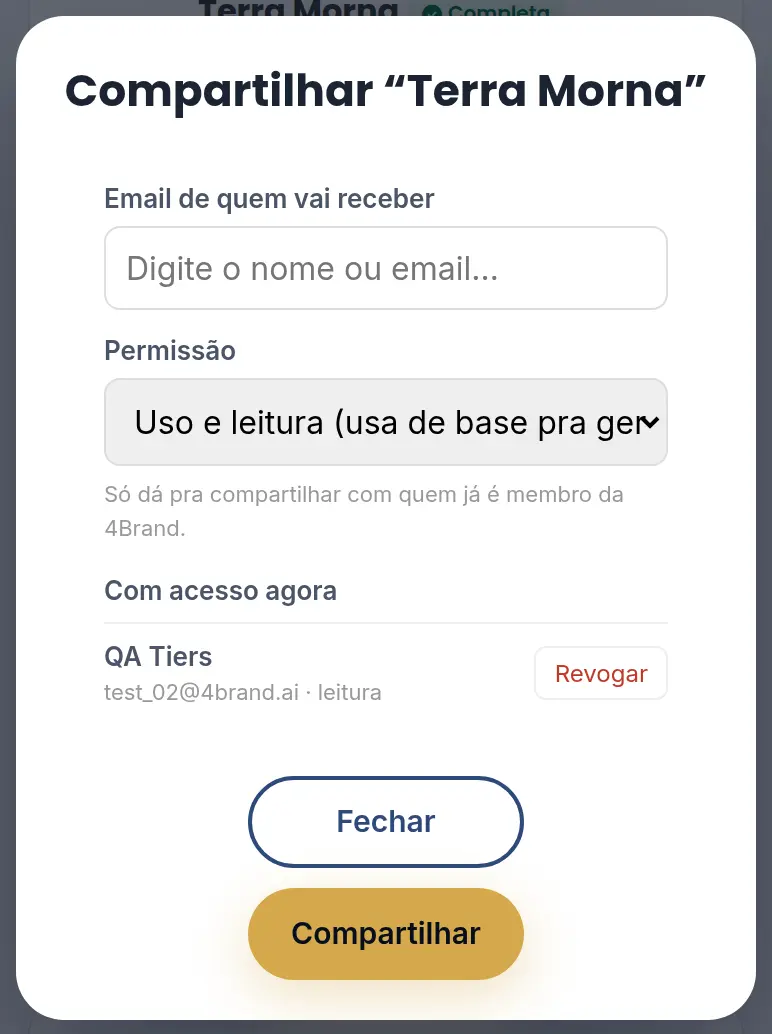 Janela Compartilhar Terra Morna com a lista Com acesso agora, uma pessoa com permissão de leitura e o botão Revogar
