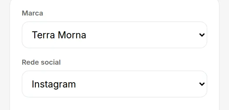 Gerador de Posts na conta que recebeu, com a marca Terra Morna escolhida na lista de marcas