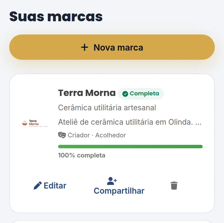 Topo de Minhas Marcas com o botão Nova marca e o cartão da Terra Morna com os botões Editar e Compartilhar