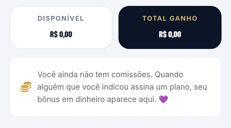 Cartões Disponível e Total ganho, os dois em R$ 0,00, e o aviso de que ainda não há comissões