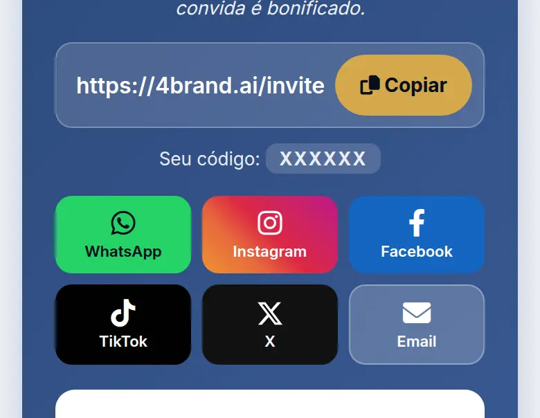 Cartão do convite com o link e o código (mascarados na imagem), o botão Copiar e os botões de compartilhar por WhatsApp, Instagram, Facebook, TikTok, X e e-mail