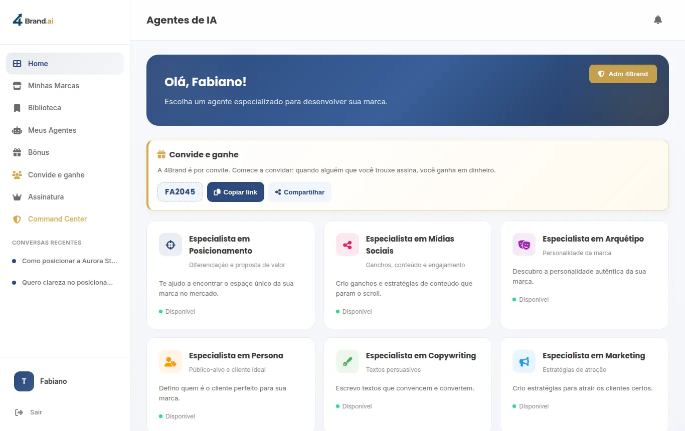 Tela real da plataforma 4Brand, com os agentes de IA disponíveis para o usuário
